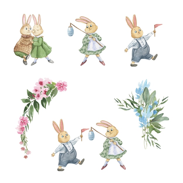 Watercolor illustration of cute cartoon rabbits in boy and girl clothes