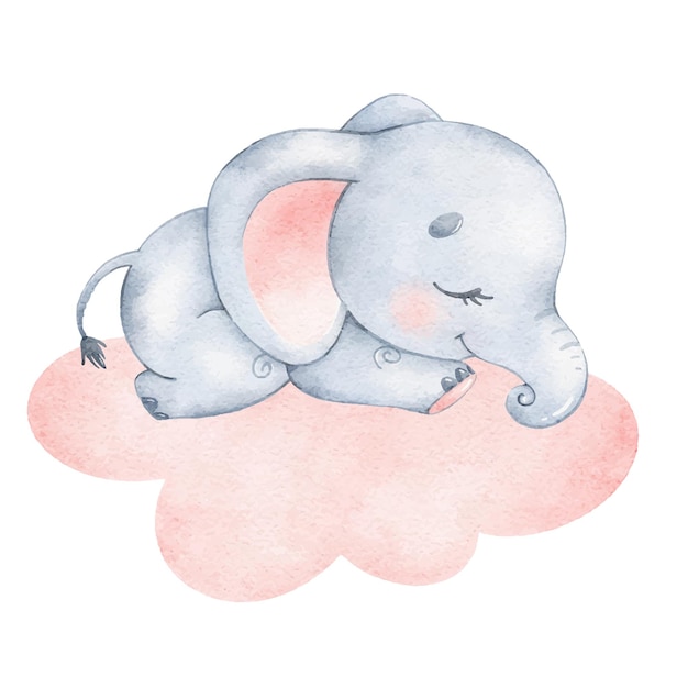 Watercolor illustration of a cute cartoon sleeping elephant Cute animals sweet dreams