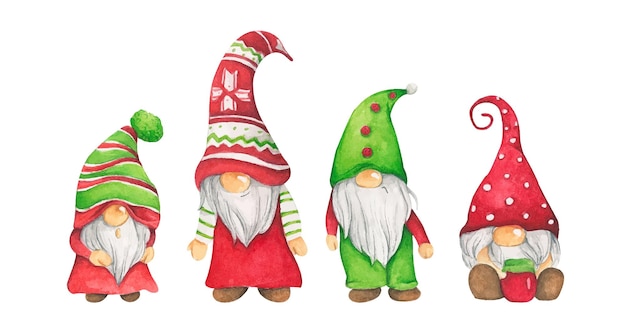 Watercolor illustration of cute christmas gnomes.