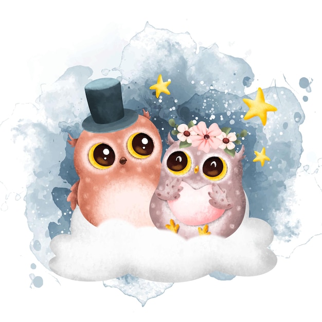 Watercolor illustration cute couple baby owl and stars