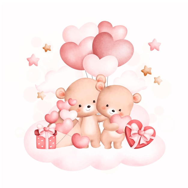 Watercolor illustration cute couple bears on cloud