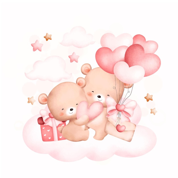 Watercolor Illustration Cute couple bears on cloud