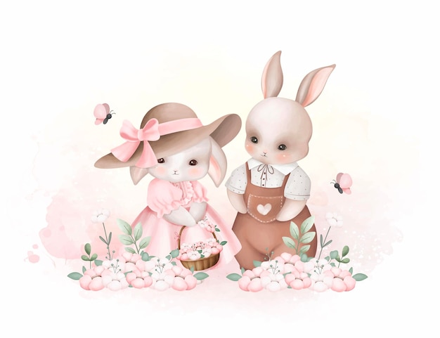ベクトル 水彩画 麗 な 夫婦 花 に 満ち た 庭 に いる ウサギ