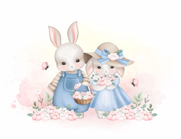 水彩画 麗 な 夫婦 花 に 満ち た 庭 に いる ウサギ