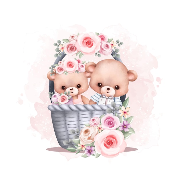 Акварельная иллюстрация милая пара плюшевых мишек в корзине с цветочным венком