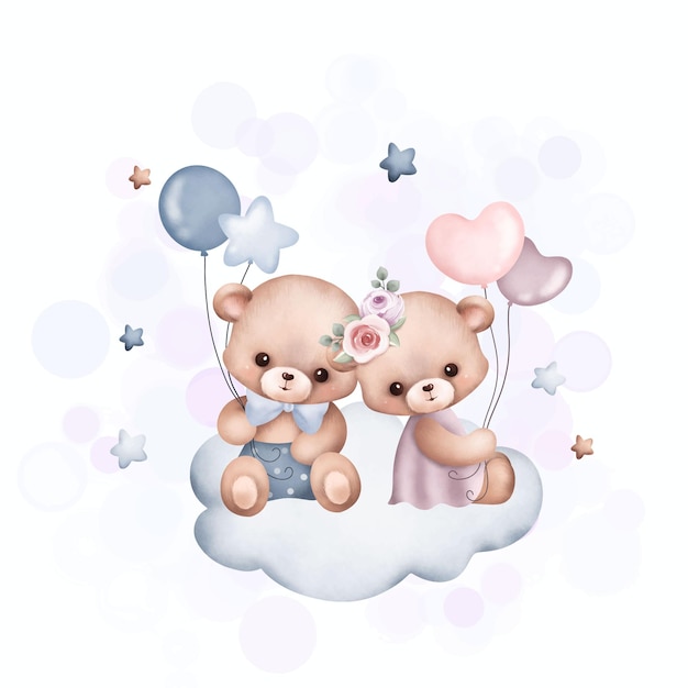 Watercolor Illustration cute couple teddy bears on the cloud