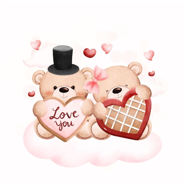 Watercolor Illustration Cute couple valentine bears