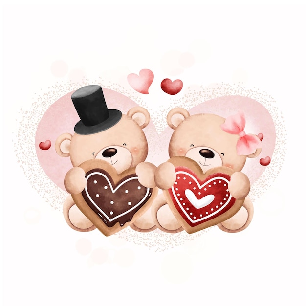 Акварельные иллюстрации Симпатичная пара валентинок медведей