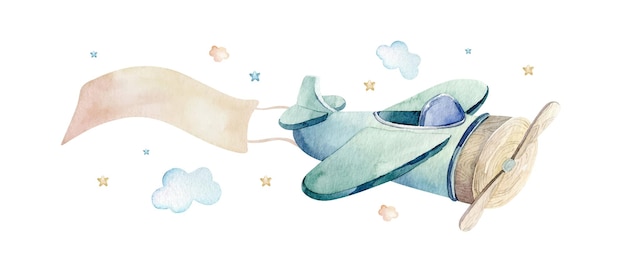 Watercolor illustration of a cute and fancy sky scene with airplane clouds ribbon