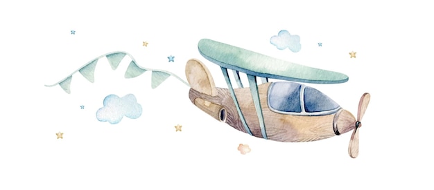 Vector watercolor illustration of a cute and fancy sky scene with airplane, clouds, ribbons.