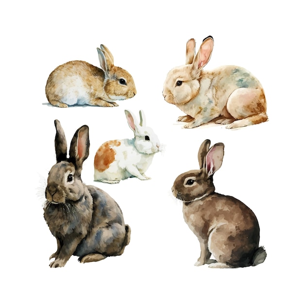 Watercolor illustration of a cute fluffy grey rabbit in a white background