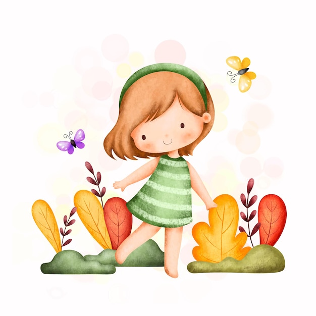 Watercolor Illustration cute girl in the garden with butterfly and autumn leaves