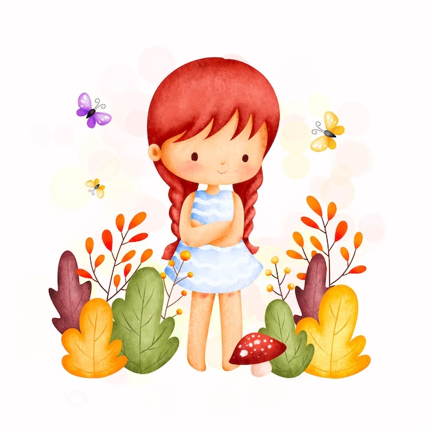 Vector watercolor illustration cute girl in the garden with butterfly and autumn leaves