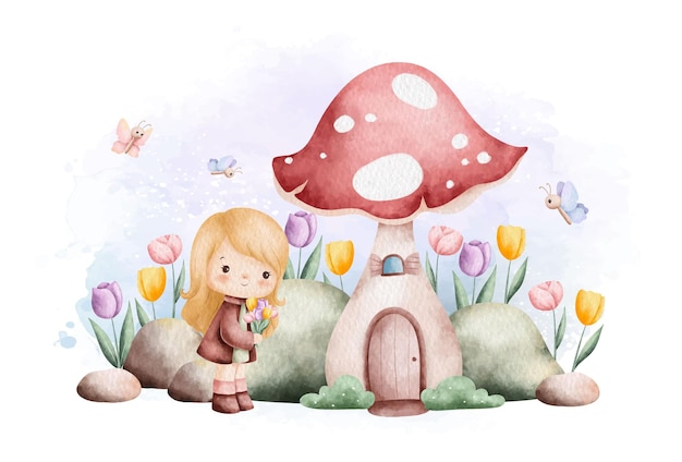 Illustrazione ad acquerello ragazza carina e casa dei funghi nel giardino primaverile