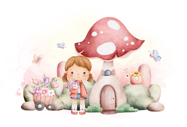 Watercolor illustration cute girl and mushroom house in the spring garden