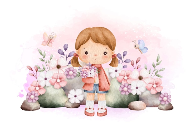 Watercolor Illustration Cute Girl and in the Spring Garden