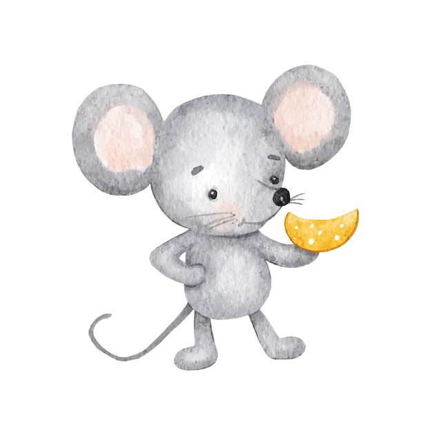 Watercolor illustration of a cute gray mouse with yellow cheese