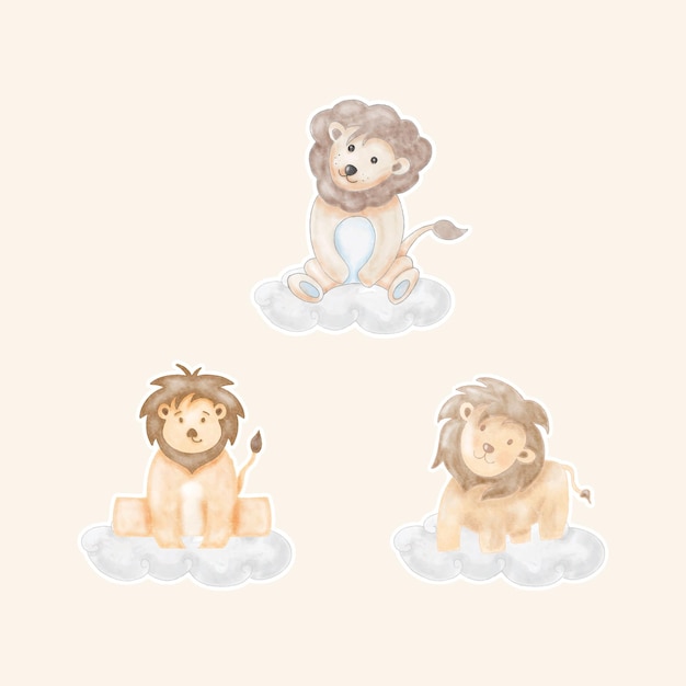 Watercolor illustration cute lion with sticker sticker style nursery and baby shower
