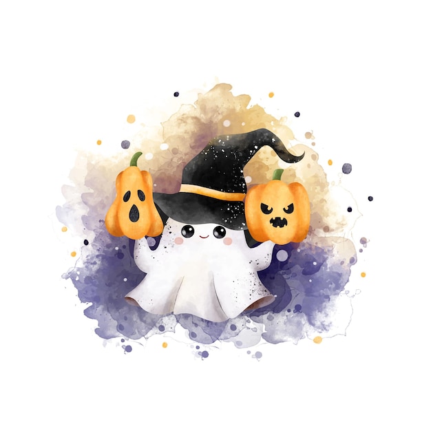 Watercolor illustration cute little ghost and pumpkin