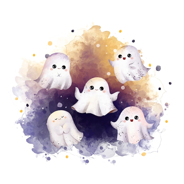 Вектор Акварельные иллюстрации милые маленькие призраки