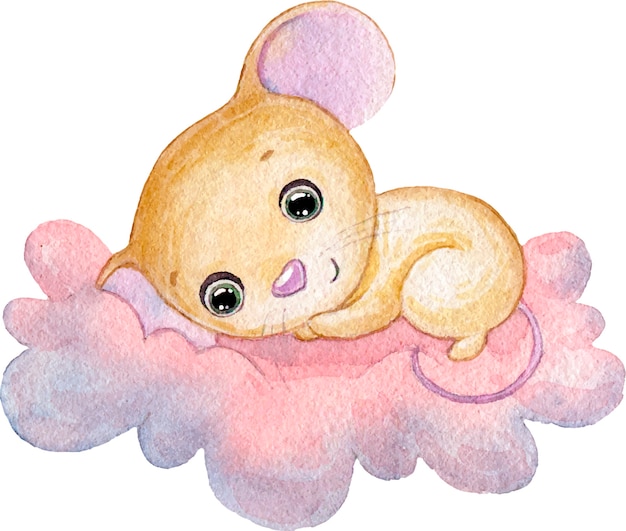 Vector watercolor illustration of a cute little mouse sleeping on a pink cloud