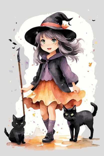 かわいい小さな魔女と猫の水彩イラスト