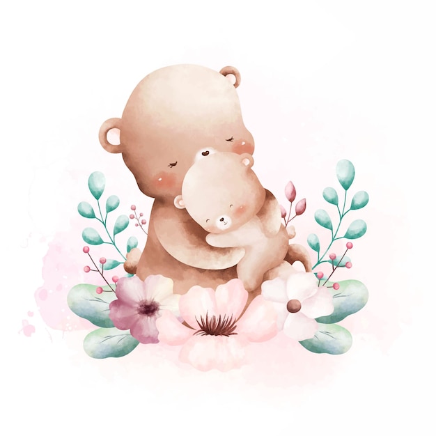 Vettore illustrazione ad acquerello simpatico orso mamma e bambino con ghirlanda di fiori