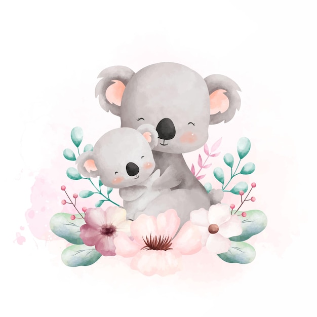 水彩イラスト 花の花輪を持つかわいいママと赤ちゃんコアラ