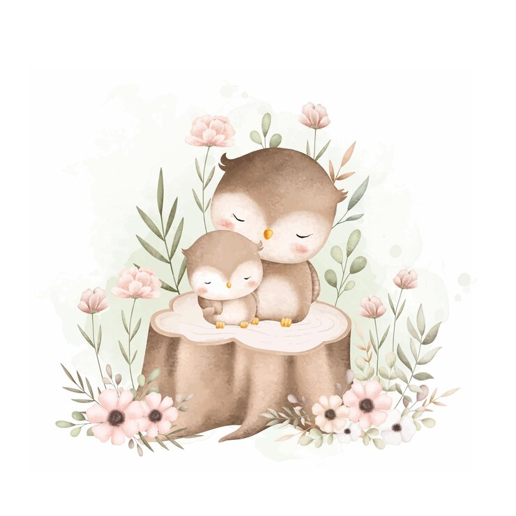Watercolor Illustration Cute Mom and Baby Owl Sit on Log with Flowers and Leaves