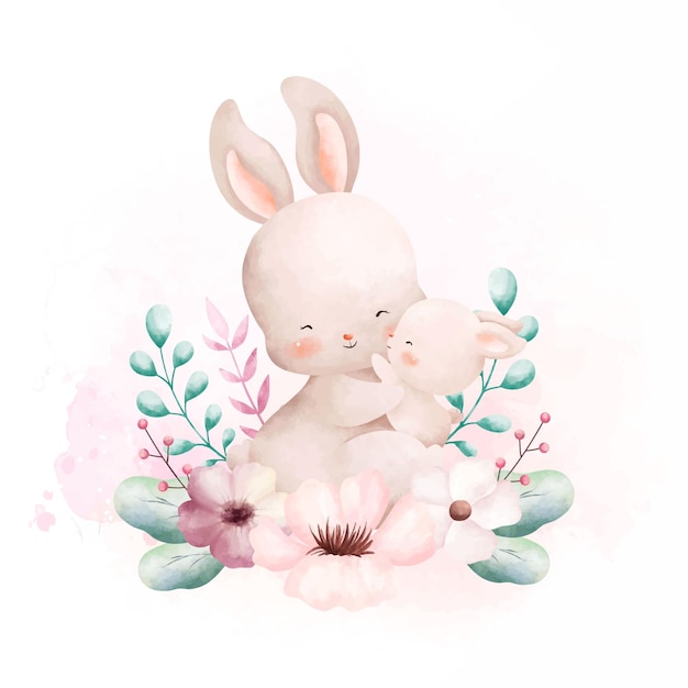 Watercolor illustration Cute mom and baby rabbit with flower wreath