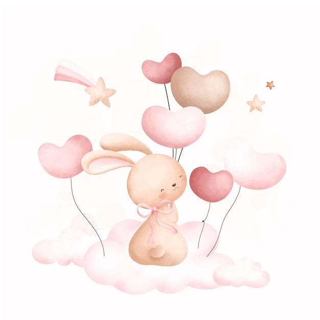 Watercolor Illustration Cute rabbit and balloons on cloud