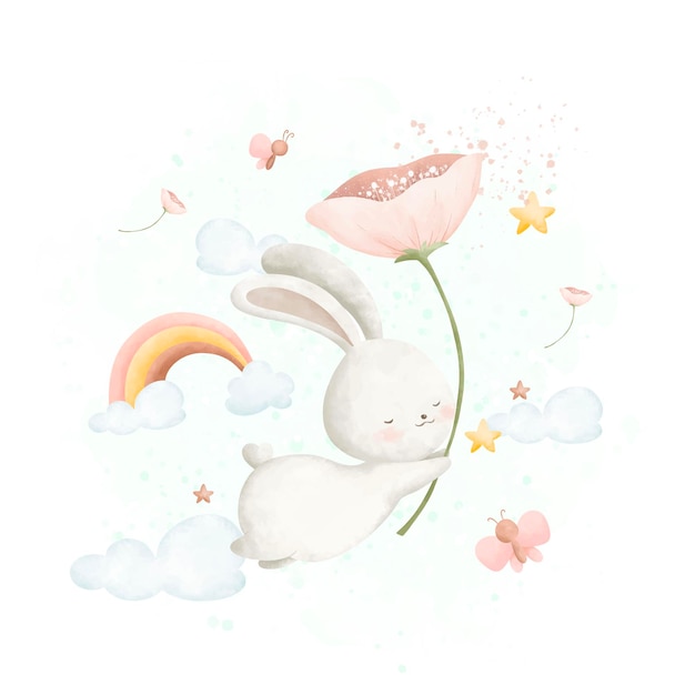 Watercolor Illustration cute rabbit and spring flowers