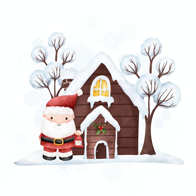 Illustrazione dell'acquerello simpatico babbo natale con casa in legno e albero di neve