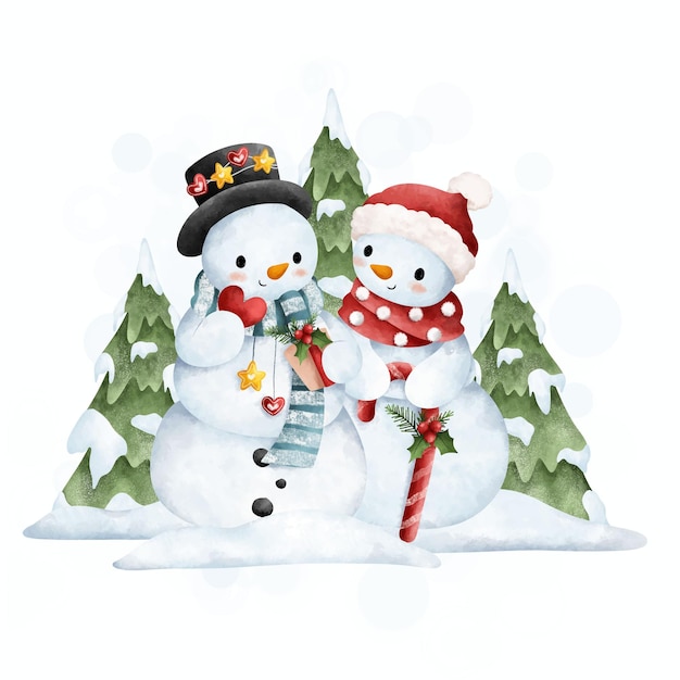 Watercolor illustration cute snowman with Christmas tree