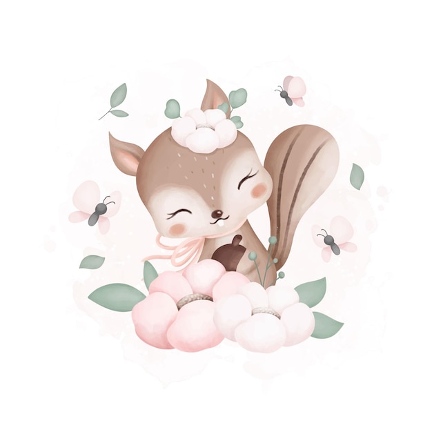 Vector watercolor illustration cute squirrel with flowers and butterflies