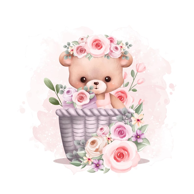 수채화 그림 꽃 화환과 바구니에 귀여운 테디 베어