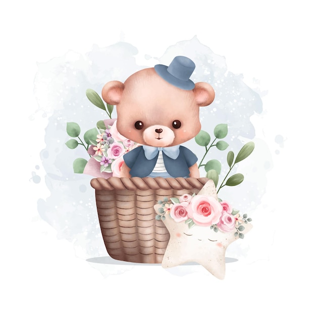 Vettore illustrazione dell'acquerello simpatico orsacchiotto nel cestino con ghirlanda di fiori