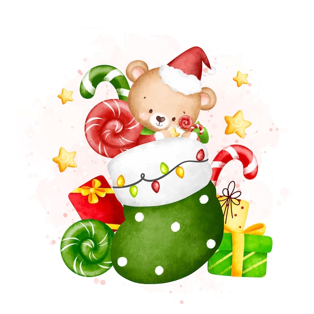 Watercolor Illustration Cute teddy bear in Christmas socks with Christmas gifts and candy