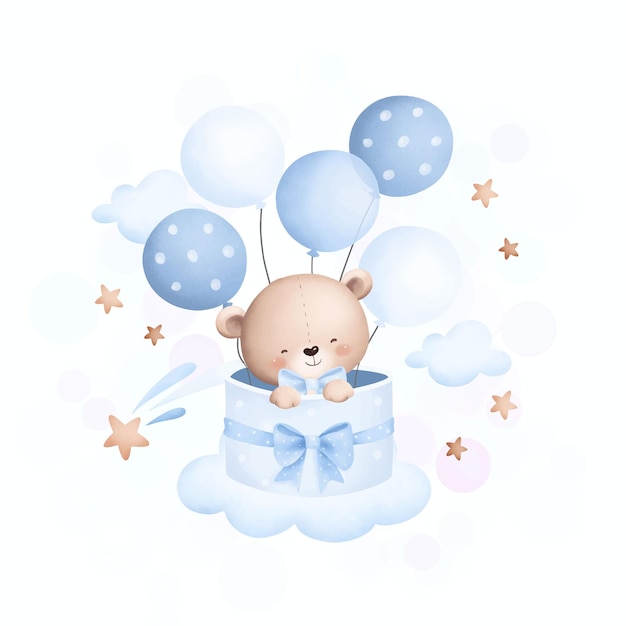 Vettore illustrazione acquerellata di un orsacchiotto carino sulla nuvola con i palloncini