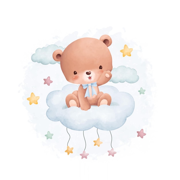 Watercolor illustration cute teddy bear on cloud with stars