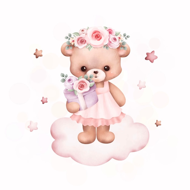 Watercolor Illustration cute teddy bear on the cloud