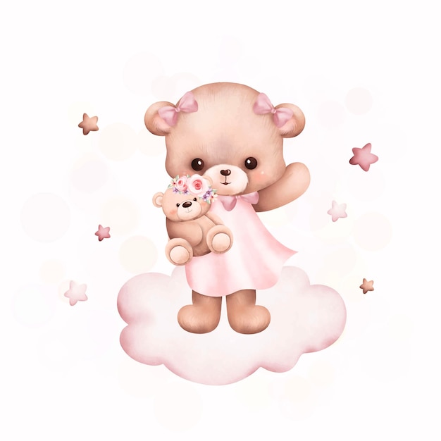 Watercolor Illustration cute teddy bear on the cloud