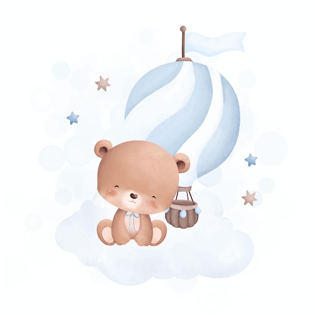 Watercolor illustration cute teddy bear sits on cloud with blue hot air balloon and stars