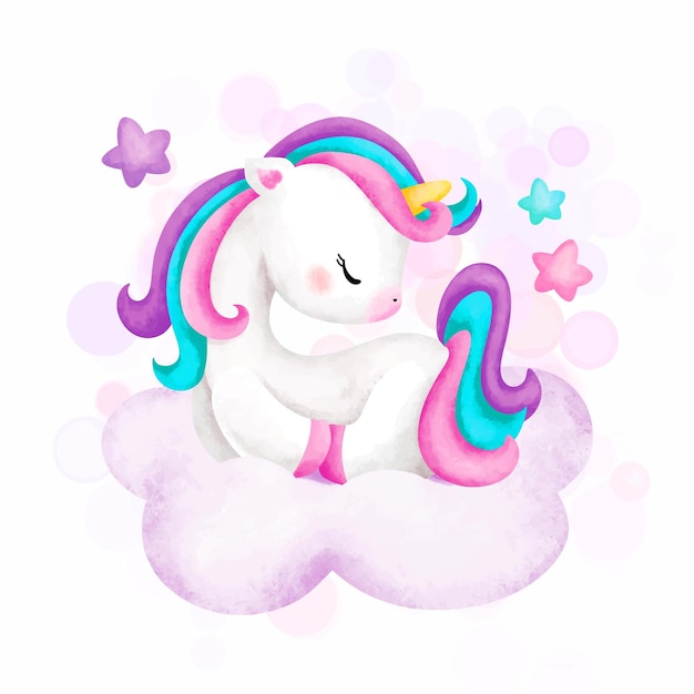 Watercolor Illustration Cute unicorn on the cloud