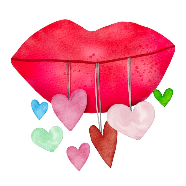 Vector watercolor illustration of cute valentine objects cute item vector design lips and heart