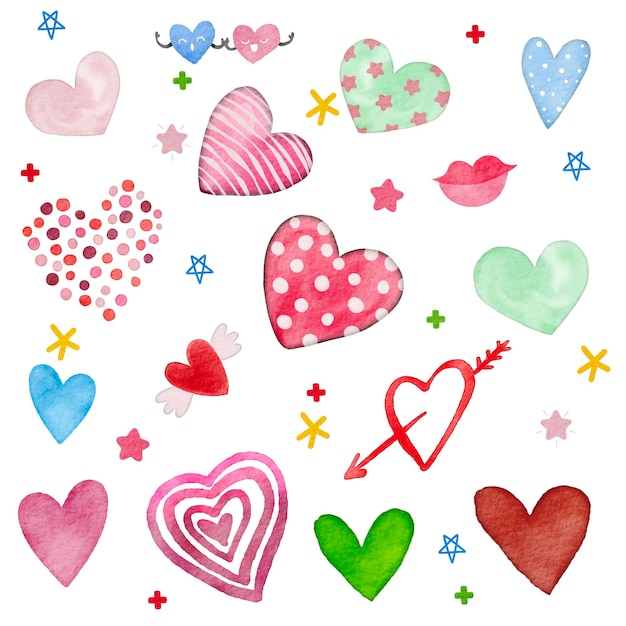 Watercolor illustration of cute valentine objects cute item vector design various heart shapes