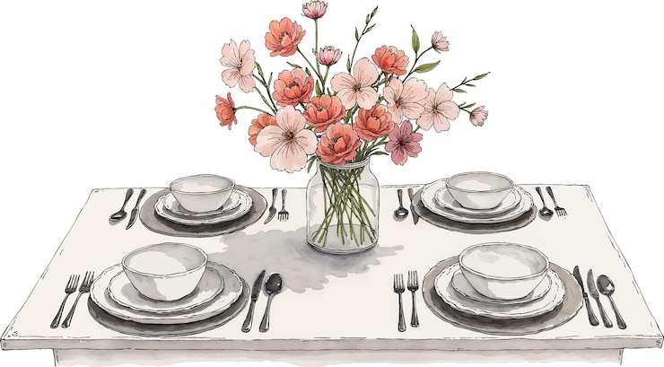 Vector watercolor illustration of a dining table with flowers and elegant tableware