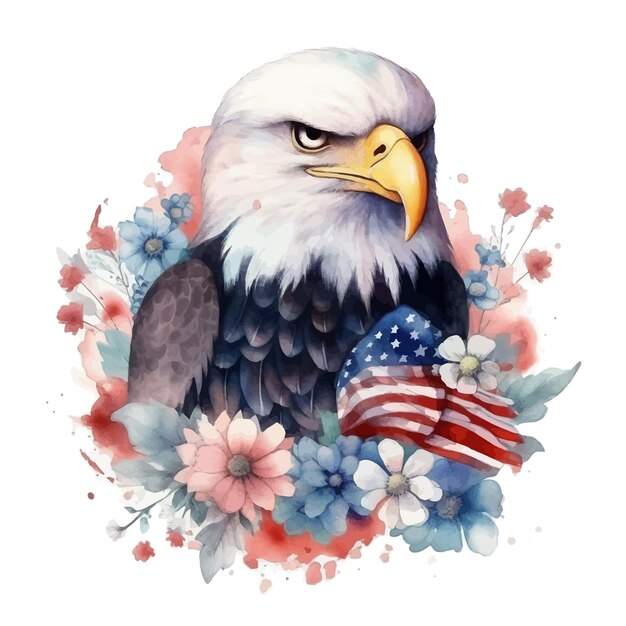 Watercolor illustration of an eagle with a american flag