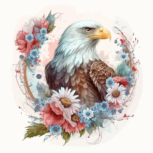 Vector watercolor illustration of an eagle with flowers