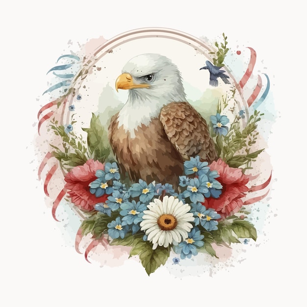 Watercolor illustration of an eagle with flowers